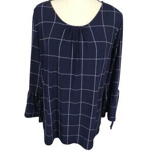 Liz Claiborne Career Women's Tunic Blouse Bell Sleeves Geo Pattern